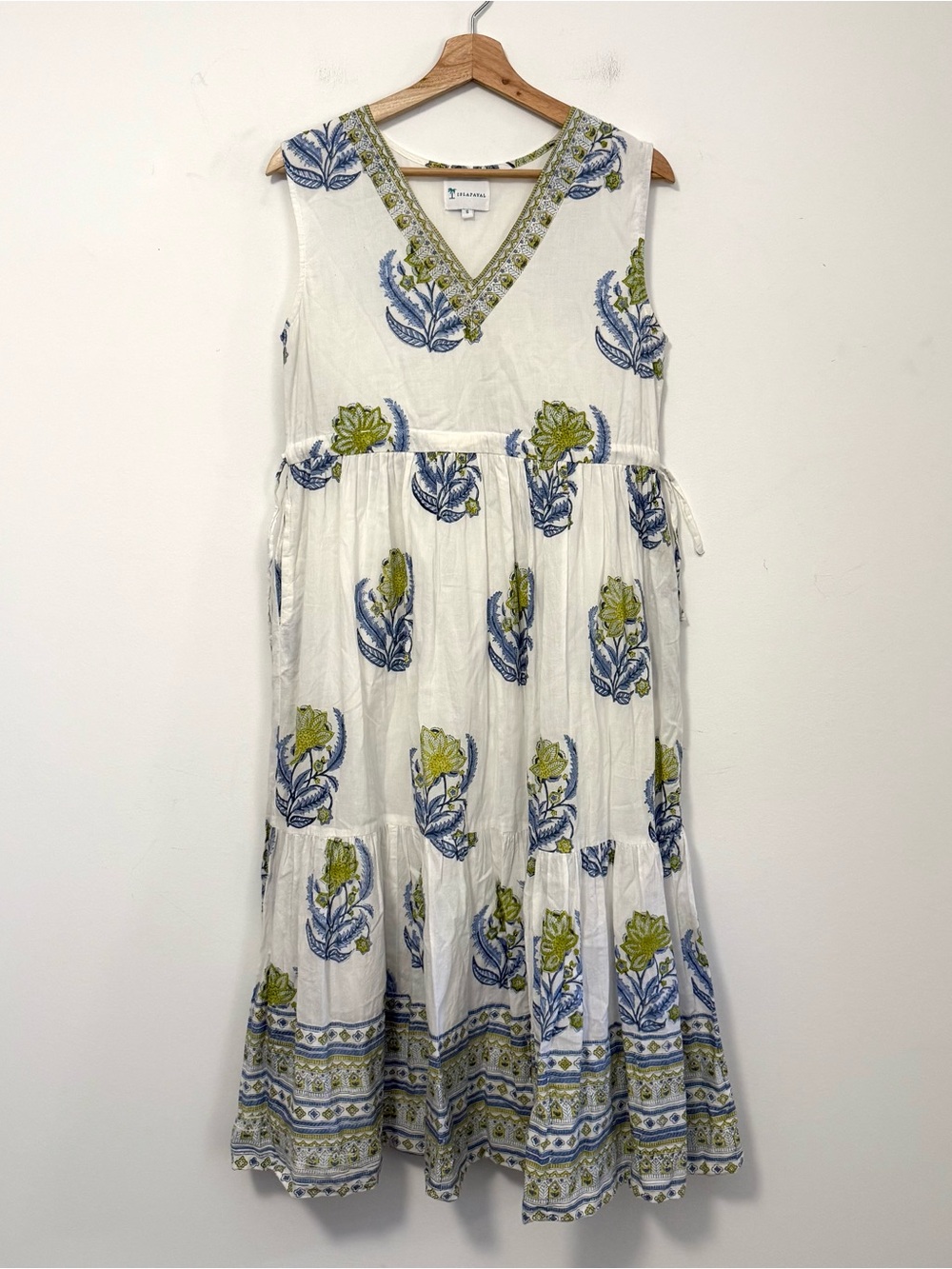 IslaPayal Block Print Cotton Midi Dress Size S White Blue Green Sleeveless